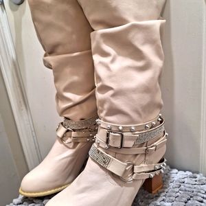 NWOT Beige Over the Knee Boots W/Studs & Rhinestones  Size 6